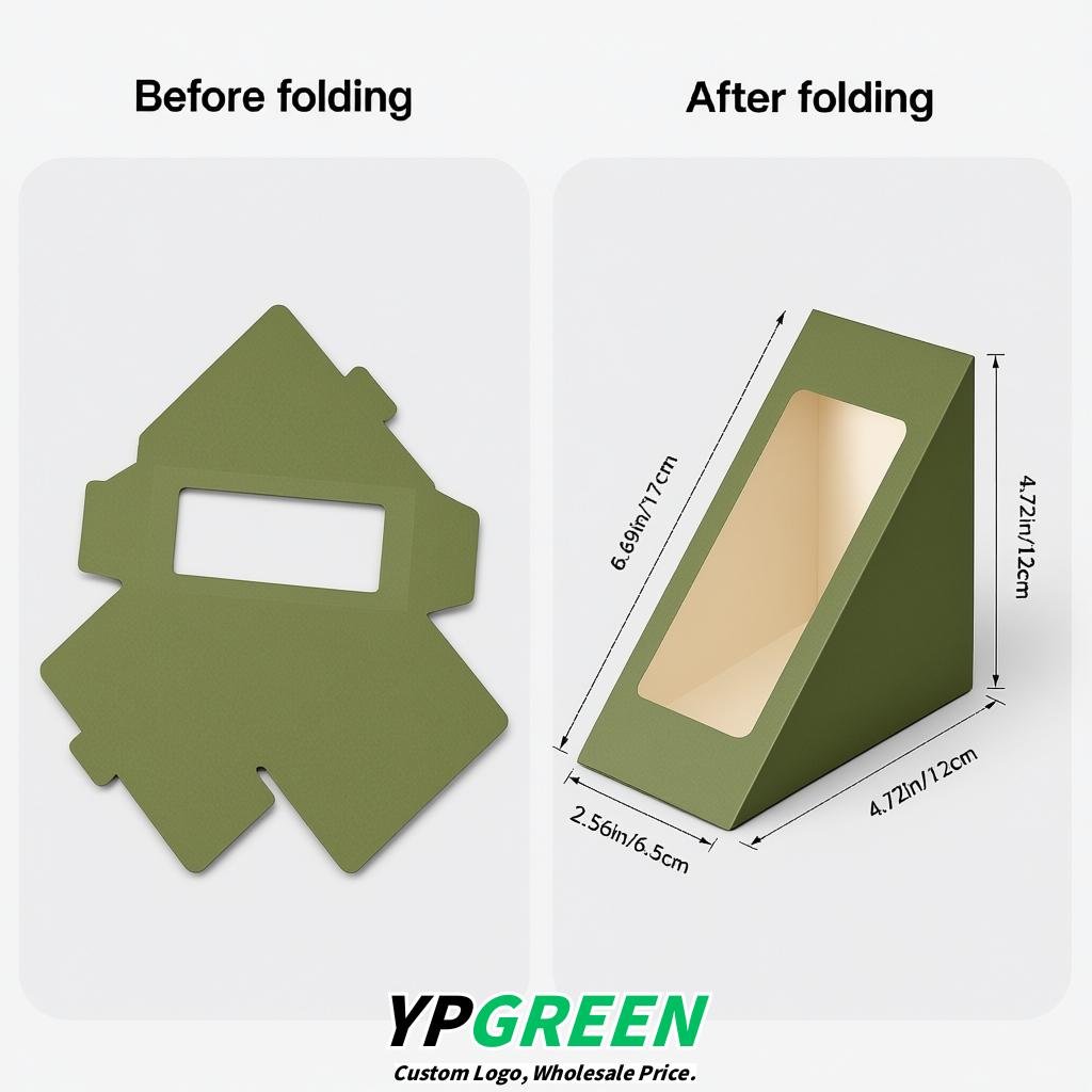 Olive Green Triangle Paper Sandwich Boxes with Window 4.7x4.7x2.6 Inch - Factory Direct