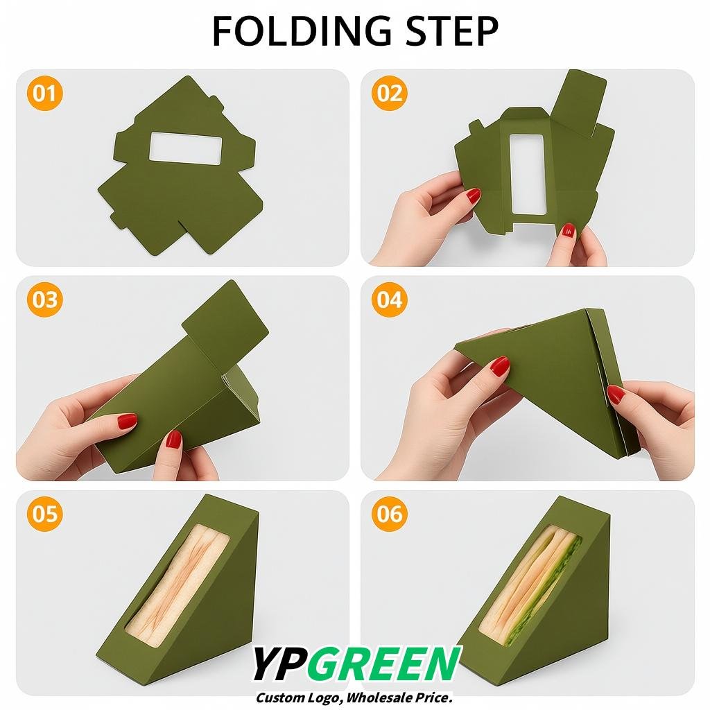 Olive Green Triangle Paper Sandwich Boxes with Window 4.7x4.7x2.6 Inch - Factory Direct