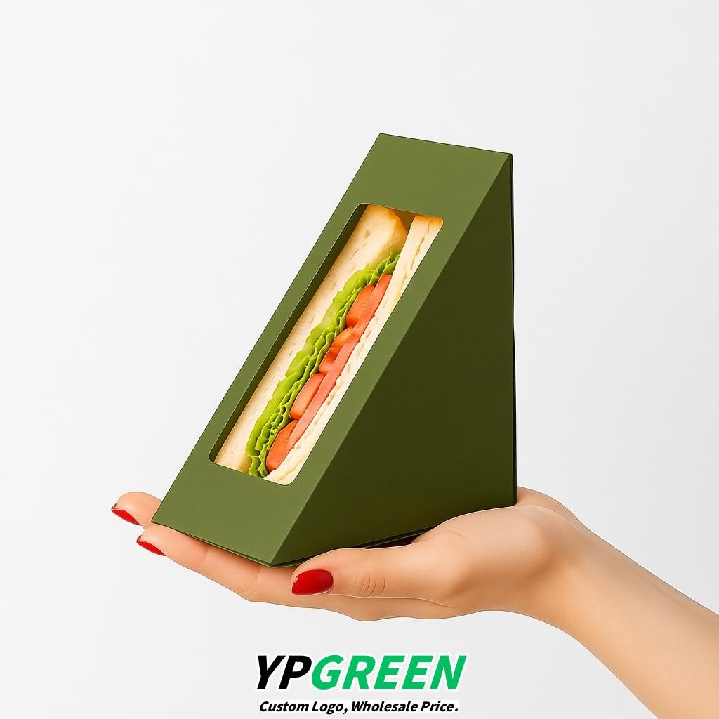 Olive Green Triangle Paper Sandwich Boxes with Window 4.7x4.7x2.6 Inch - Factory Direct