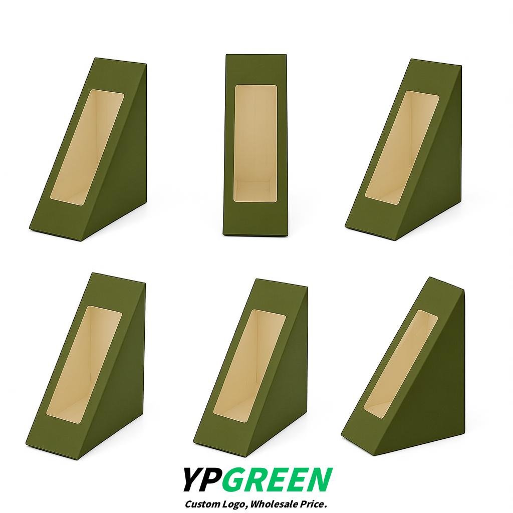 Olive Green Triangle Paper Sandwich Boxes with Window 4.7x4.7x2.6 Inch - Factory Direct