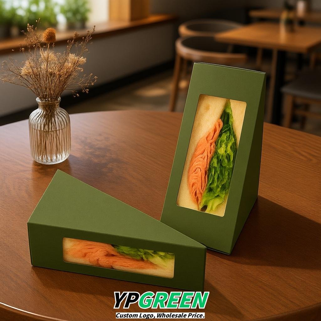 Olive Green Triangle Paper Sandwich Boxes with Window 4.7x4.7x2.6 Inch - Factory Direct