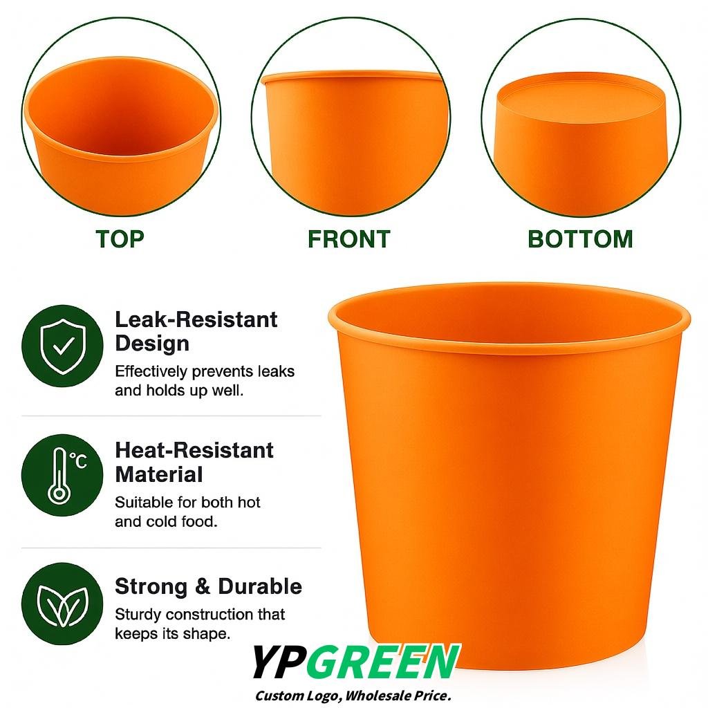 Orange 85 oz Paper Buckets 6.9x5.7x6.3 Inches Cardboard Food Container