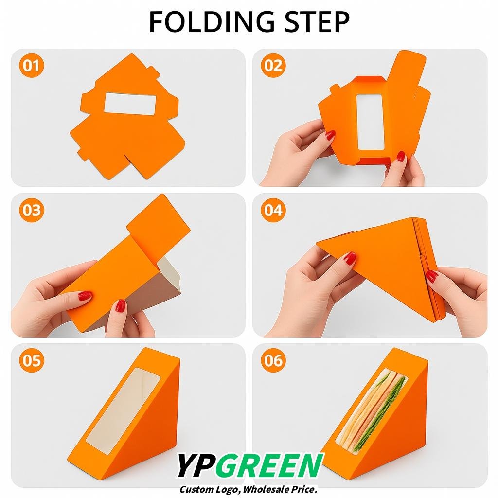 Orange Triangle Paper Sandwich Boxes with Window 4.7x4.7x2.6 Inch - Factory Direct