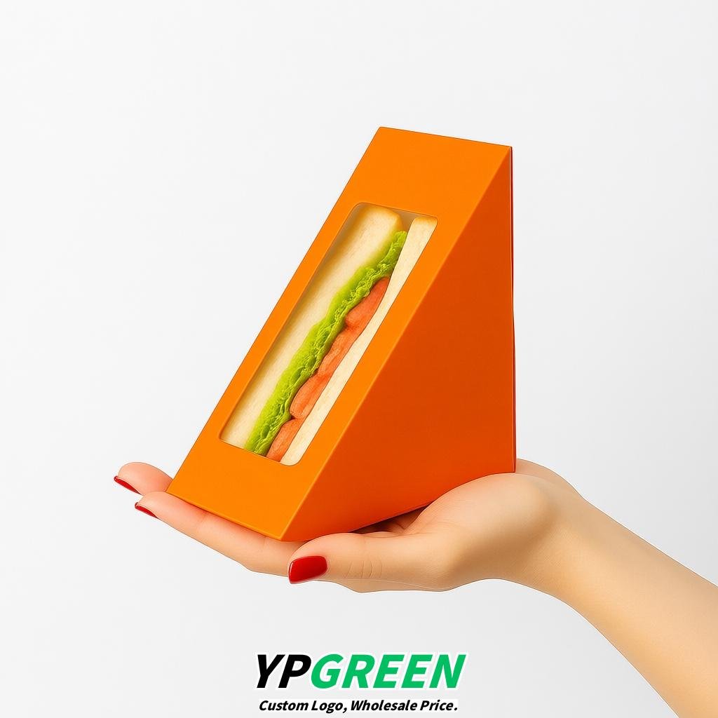 Orange Triangle Paper Sandwich Boxes with Window 4.7x4.7x2.6 Inch - Factory Direct