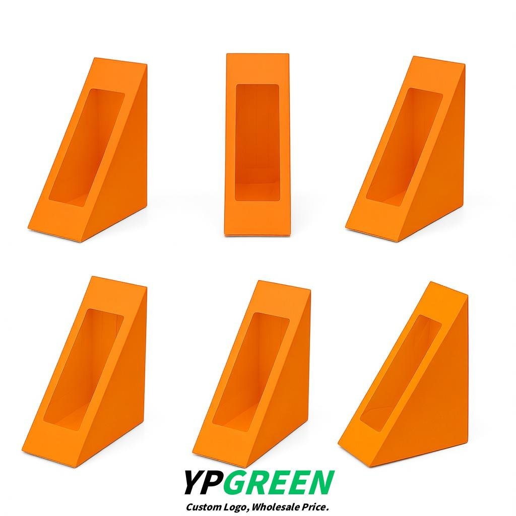 Orange Triangle Paper Sandwich Boxes with Window 4.7x4.7x2.6 Inch - Factory Direct