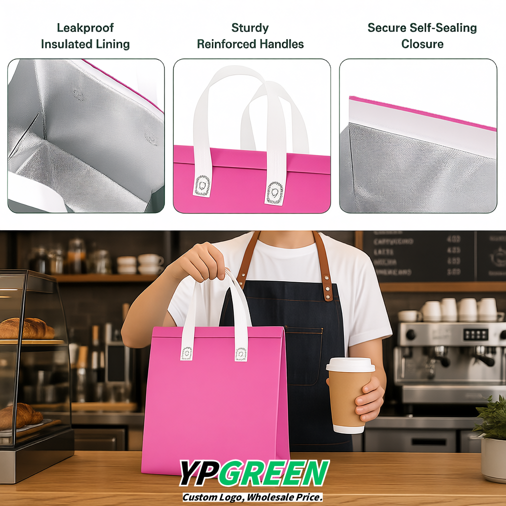 Pink 4-Cup insulated take away bags wholesale 9.5 x 9.5 x 6 inches for Hot & Cold Drink Delivery