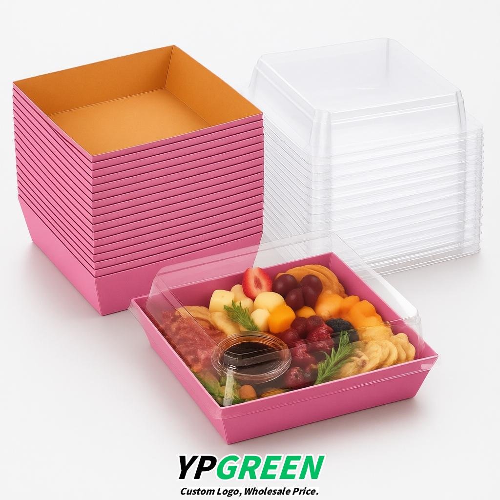 Pink Charcuterie Boxes with Clear Lids - 4 inches & 5 inches Disposable Paper Square Food Containers