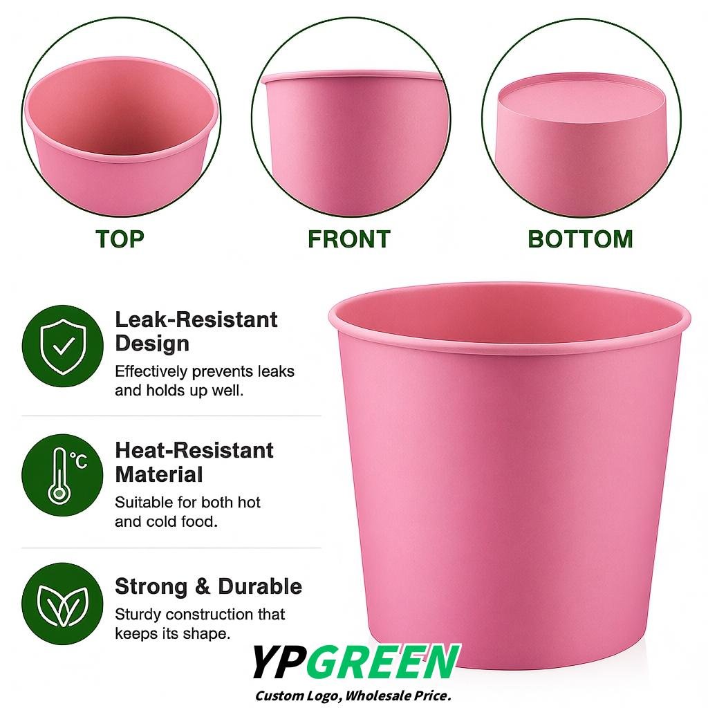 Pink 85 oz Paper Buckets 6.9x5.7x6.3 Inches Cardboard Food Container