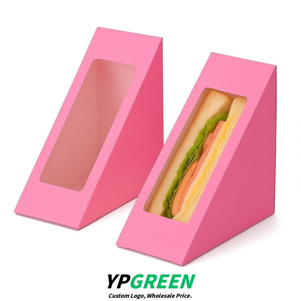 Pink Triangle Paper Sandwich Boxes with Window 4.7x4.7x2.6 Inch - Factory Direct