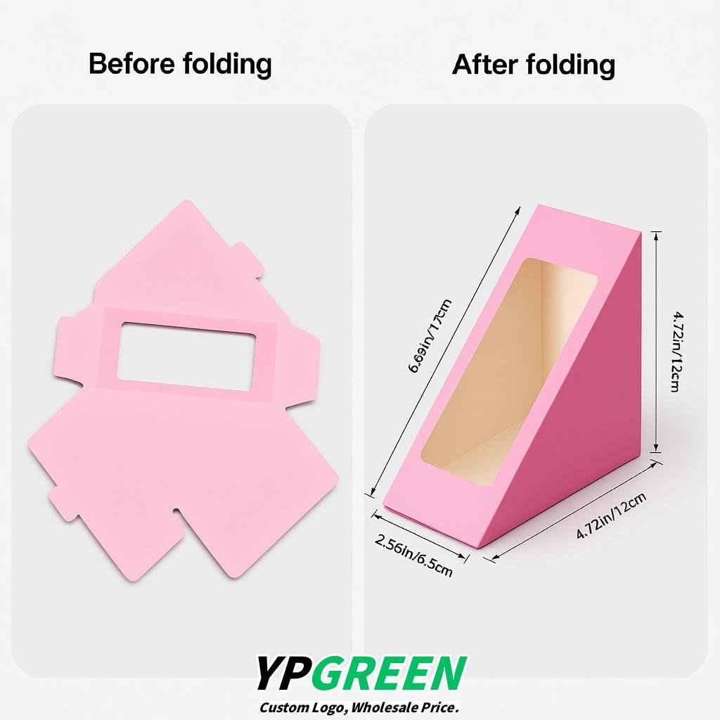 Pink Triangle Paper Sandwich Boxes with Window 4.7x4.7x2.6 Inch - Factory Direct
