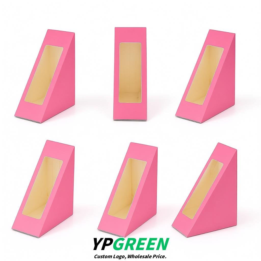 Pink Triangle Paper Sandwich Boxes with Window 4.7x4.7x2.6 Inch - Factory Direct