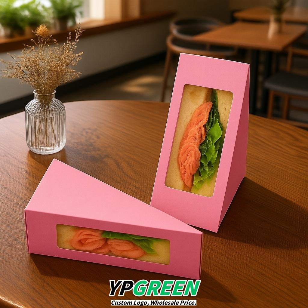 Pink Triangle Paper Sandwich Boxes with Window 4.7x4.7x2.6 Inch - Factory Direct
