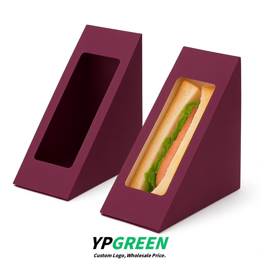 Plum Triangle Paper Sandwich Boxes with Window 4.7x4.7x2.6 Inch - Factory Direct