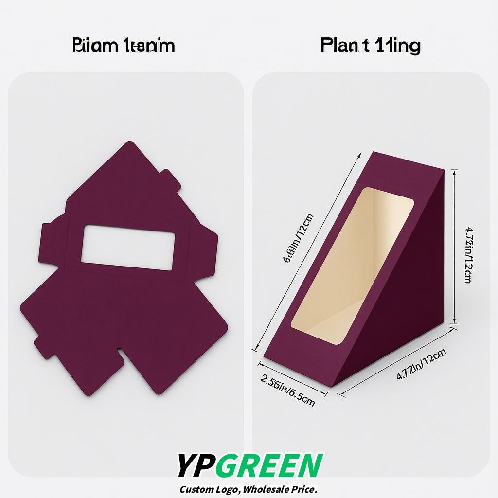 Plum Triangle Paper Sandwich Boxes with Window 4.7x4.7x2.6 Inch - Factory Direct