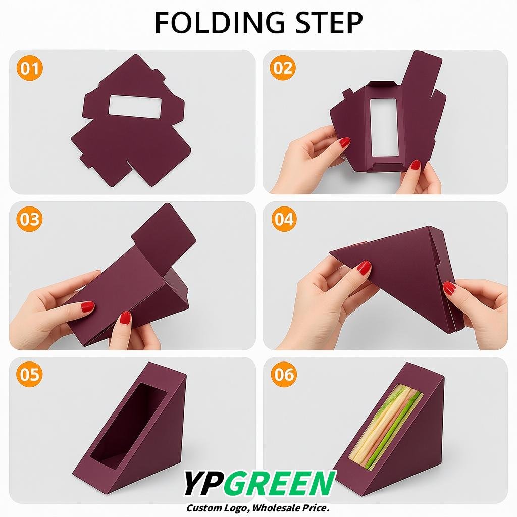 Plum Triangle Paper Sandwich Boxes with Window 4.7x4.7x2.6 Inch - Factory Direct