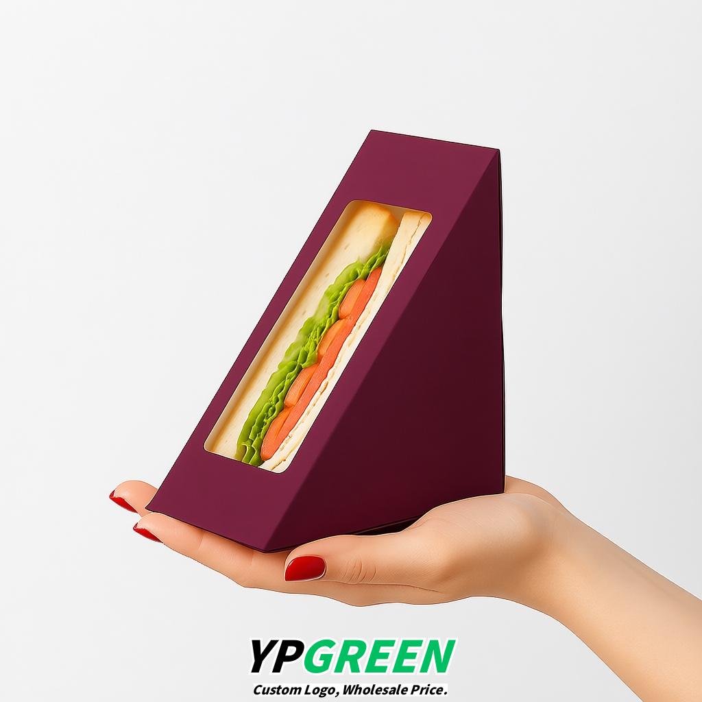 Plum Triangle Paper Sandwich Boxes with Window 4.7x4.7x2.6 Inch - Factory Direct