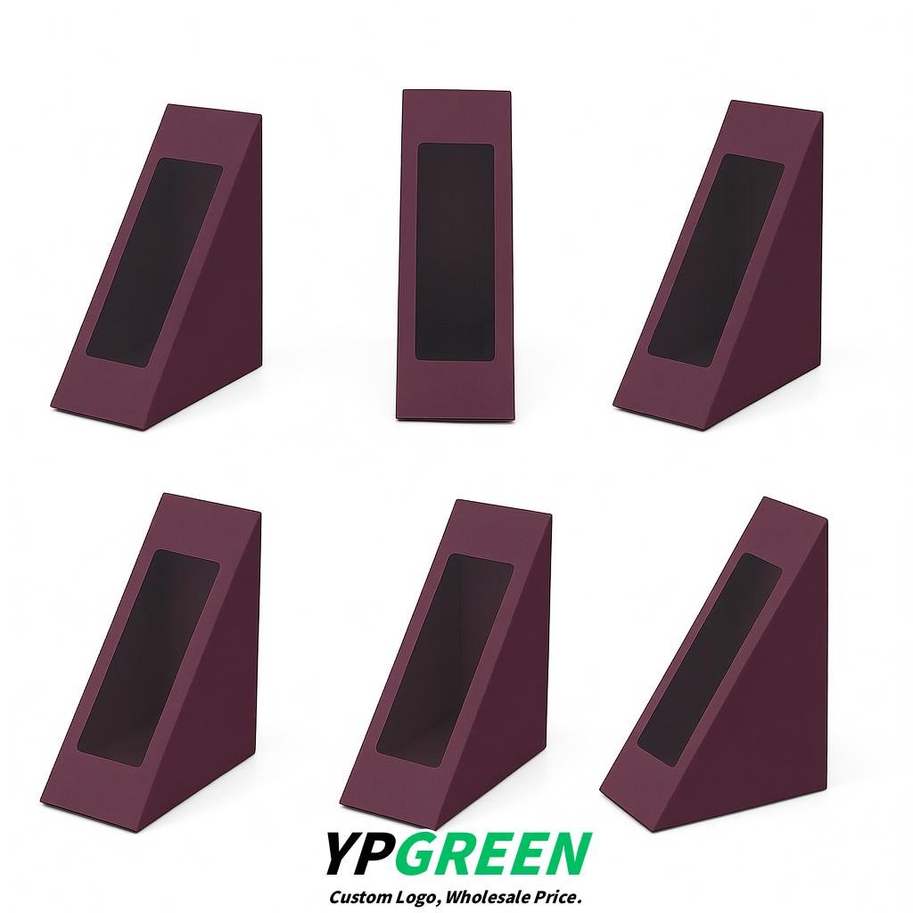 Plum Triangle Paper Sandwich Boxes with Window 4.7x4.7x2.6 Inch - Factory Direct