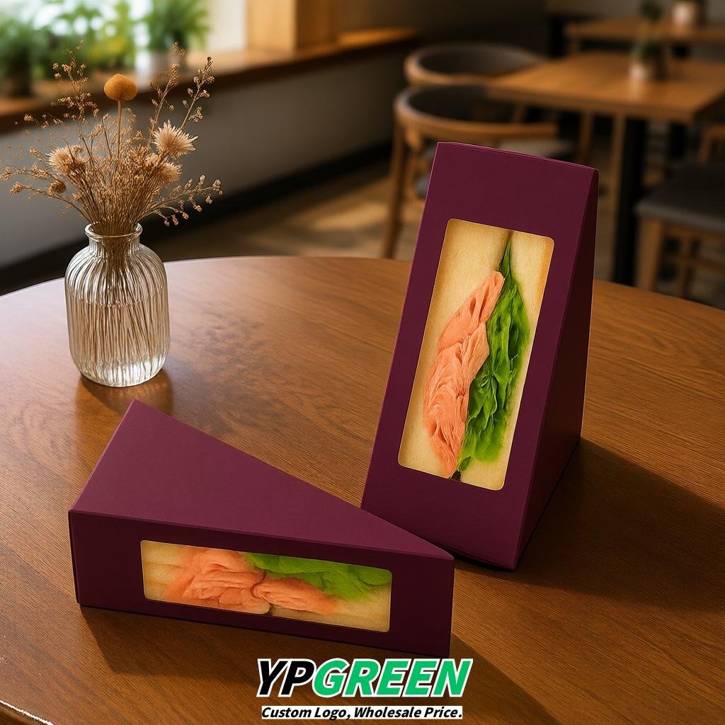 Plum Triangle Paper Sandwich Boxes with Window 4.7x4.7x2.6 Inch - Factory Direct