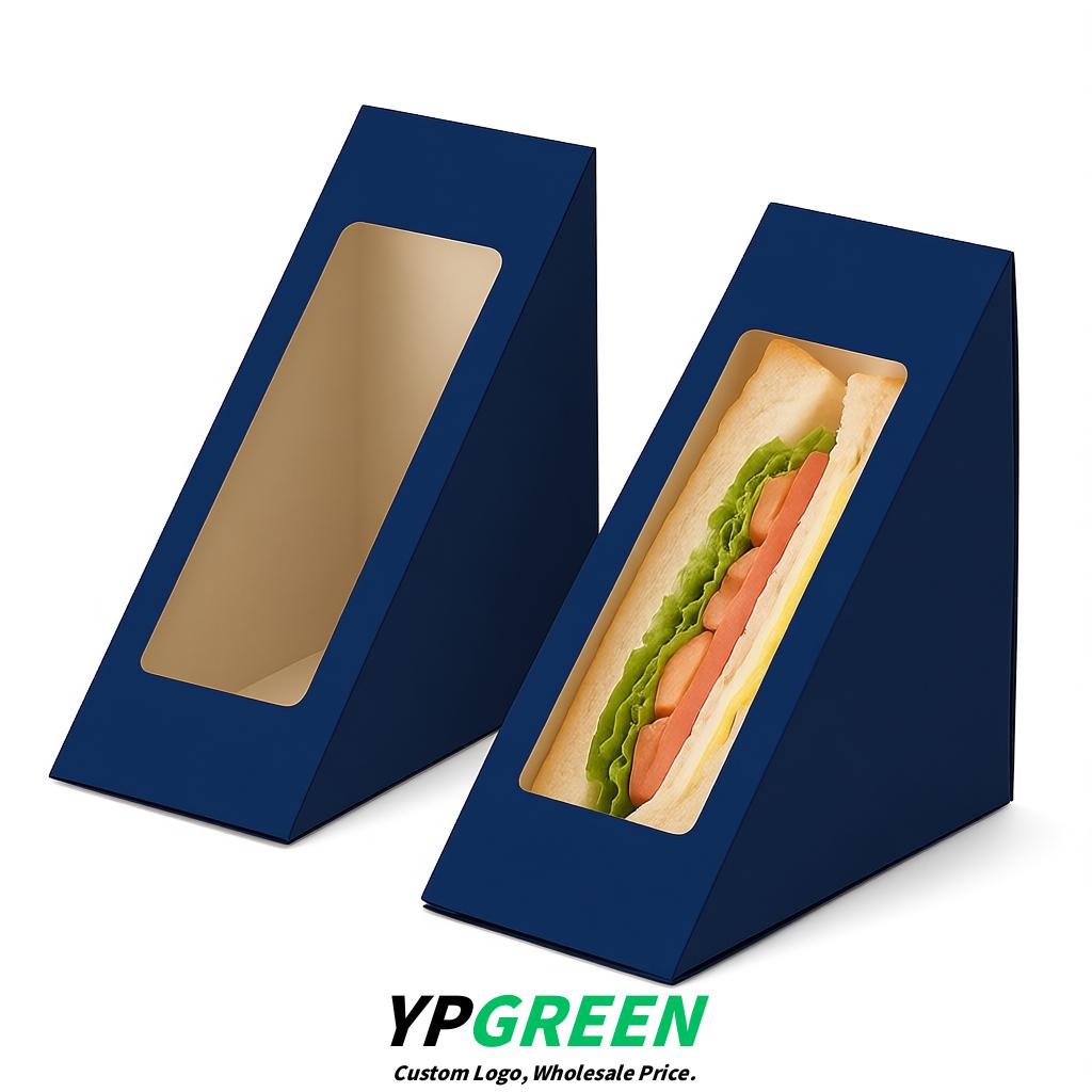 Prussian Blue Triangle Paper Sandwich Boxes with Window 4.7x4.7x2.6 Inch - Factory Direct