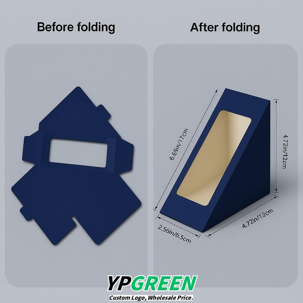 Prussian Blue Triangle Paper Sandwich Boxes with Window 4.7x4.7x2.6 Inch - Factory Direct