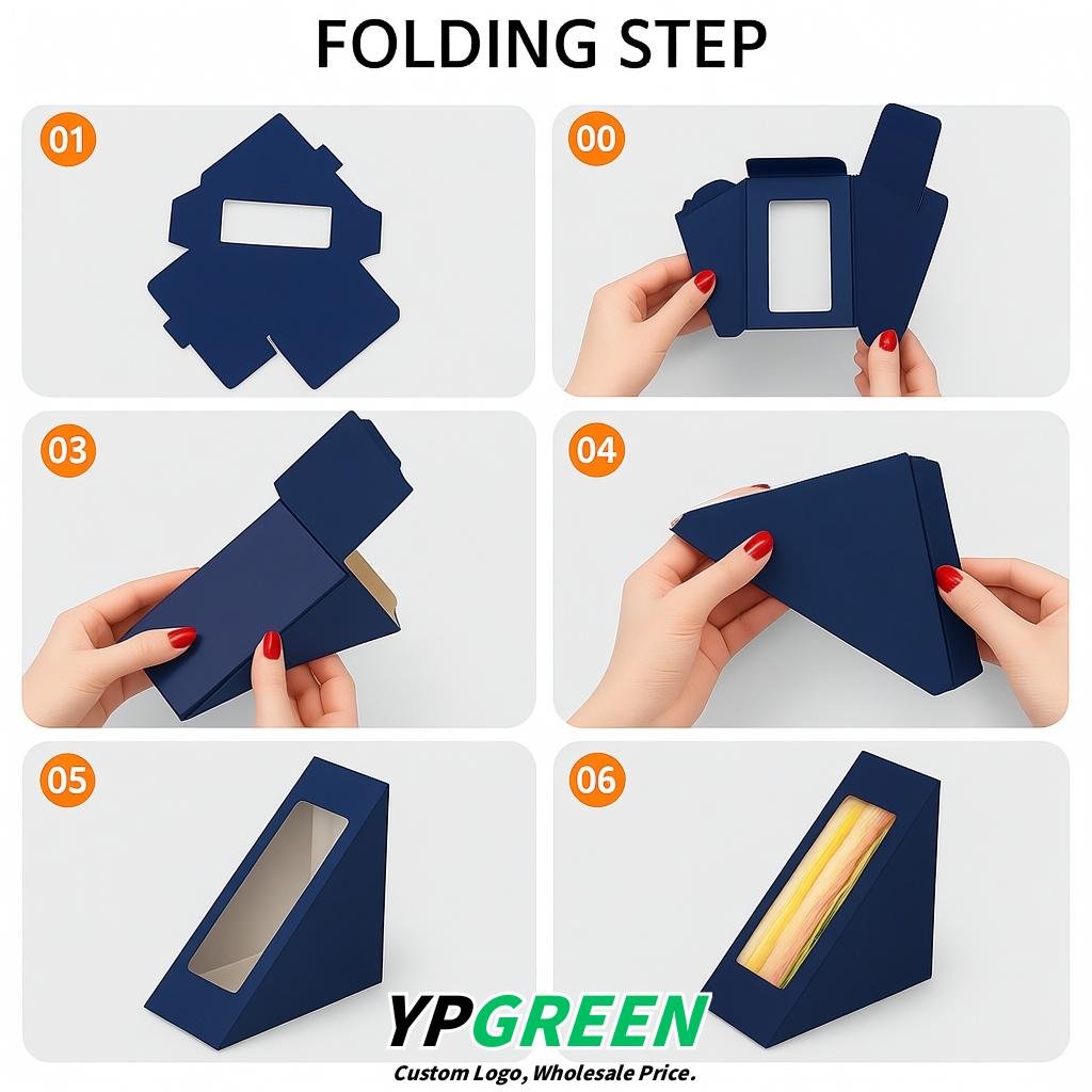 Prussian Blue Triangle Paper Sandwich Boxes with Window 4.7x4.7x2.6 Inch - Factory Direct