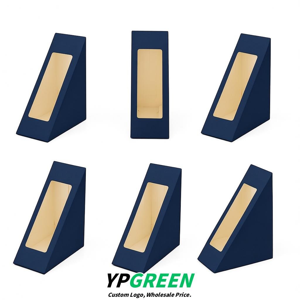 Prussian Blue Triangle Paper Sandwich Boxes with Window 4.7x4.7x2.6 Inch - Factory Direct