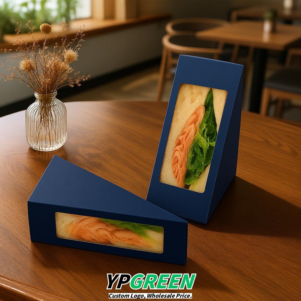 Prussian Blue Triangle Paper Sandwich Boxes with Window 4.7x4.7x2.6 Inch - Factory Direct