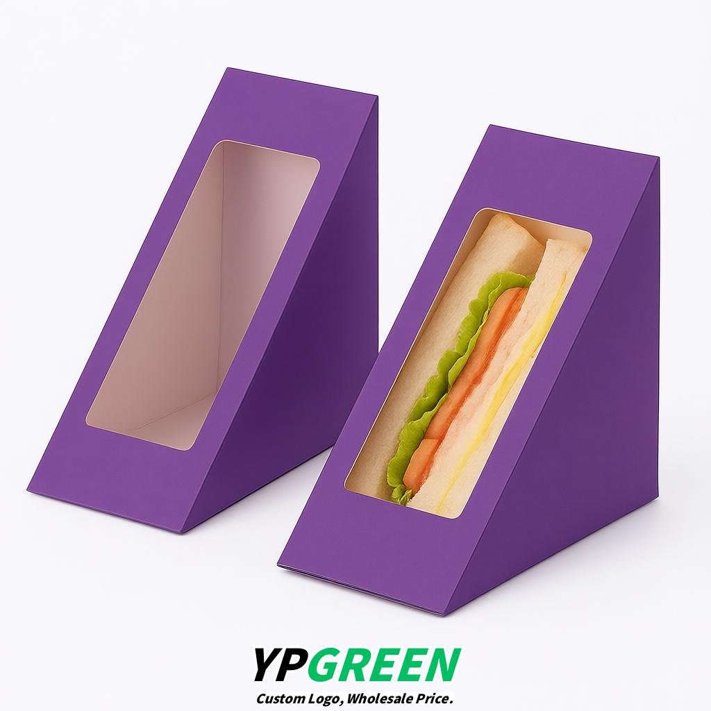 Purple Triangle Paper Sandwich Boxes with Window 4.7x4.7x2.6 Inch - Factory Direct
