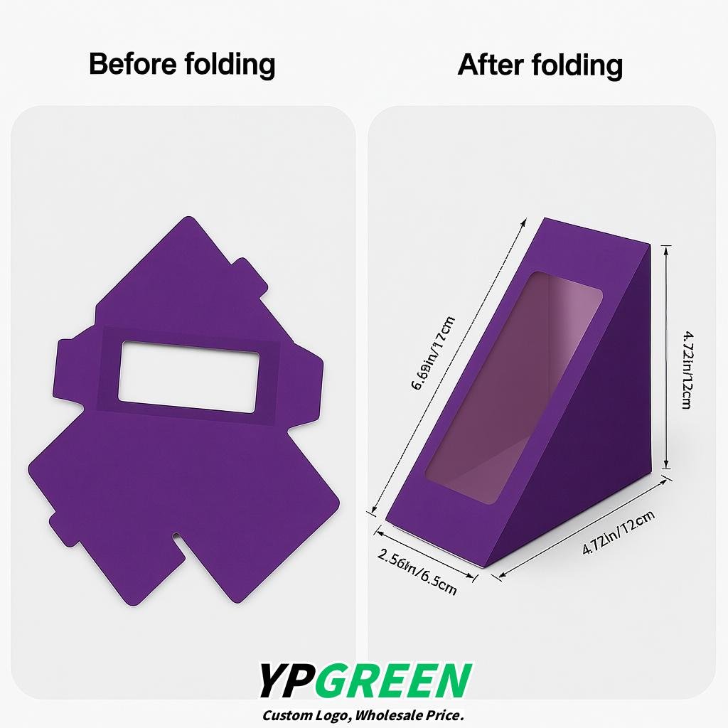 Purple Triangle Paper Sandwich Boxes with Window 4.7x4.7x2.6 Inch - Factory Direct