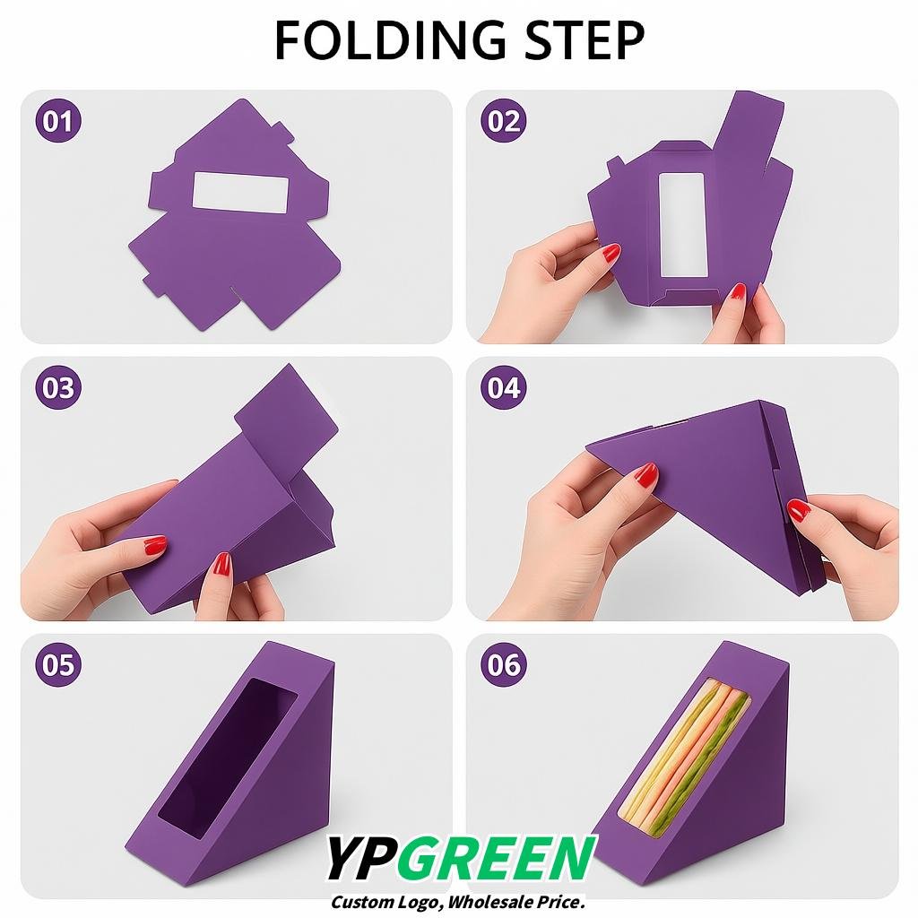 Purple Triangle Paper Sandwich Boxes with Window 4.7x4.7x2.6 Inch - Factory Direct