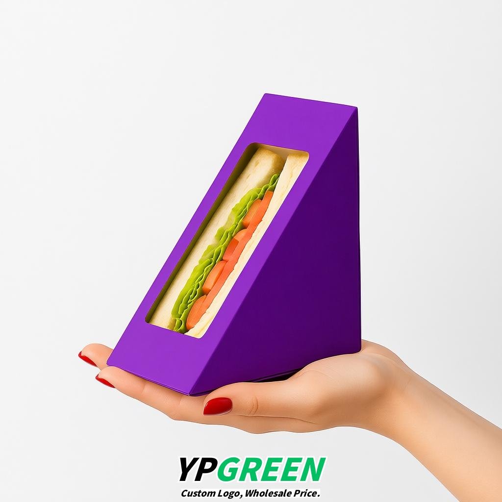 Purple Triangle Paper Sandwich Boxes with Window 4.7x4.7x2.6 Inch - Factory Direct