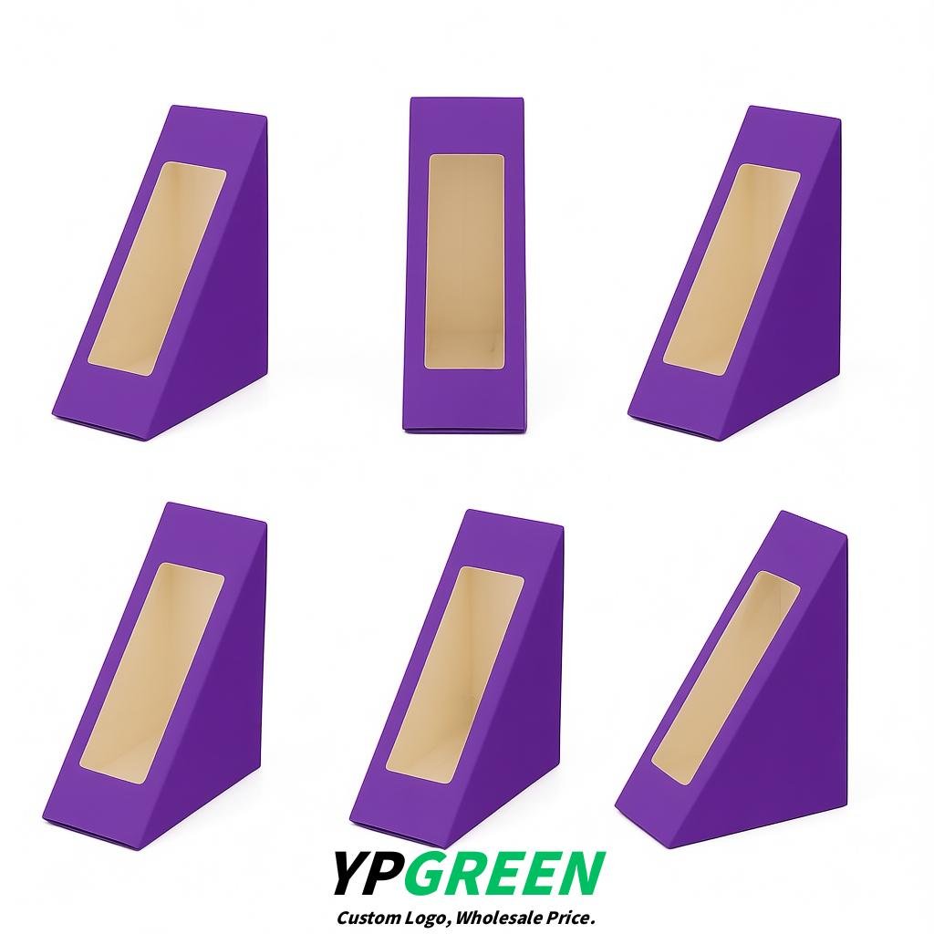 Purple Triangle Paper Sandwich Boxes with Window 4.7x4.7x2.6 Inch - Factory Direct