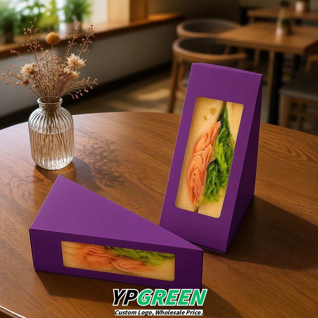 Purple Triangle Paper Sandwich Boxes with Window 4.7x4.7x2.6 Inch - Factory Direct