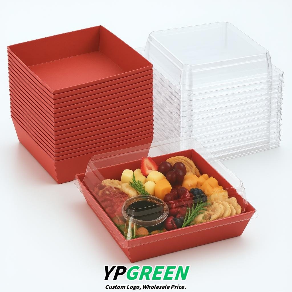 Red Charcuterie Boxes with Clear Lids - 4 inches & 5 inches Disposable Paper Square Food Containers