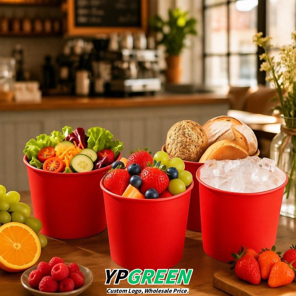 Red 85 oz Paper Buckets 6.9x5.7x6.3 Inches Cardboard Food Container
