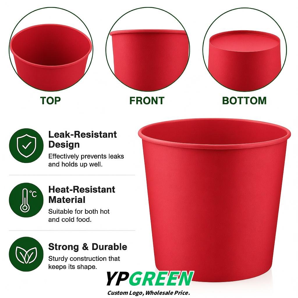 Red 85 oz Paper Buckets 6.9x5.7x6.3 Inches Cardboard Food Container