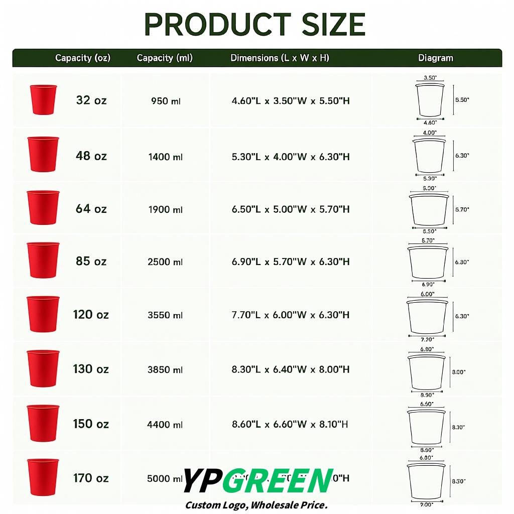 Red 85 oz Paper Buckets 6.9x5.7x6.3 Inches Cardboard Food Container