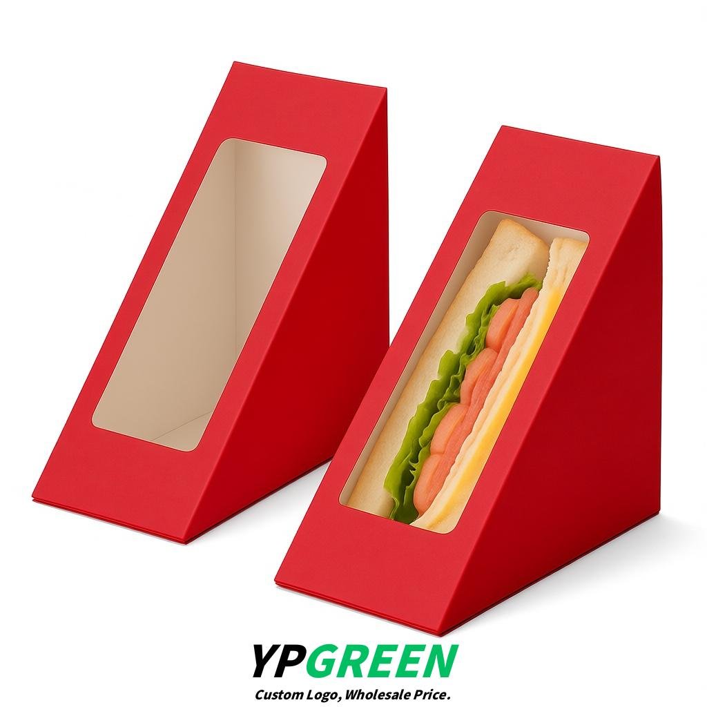 Red Triangle Paper Sandwich Boxes with Window 4.7x4.7x2.6 Inch - Factory Direct