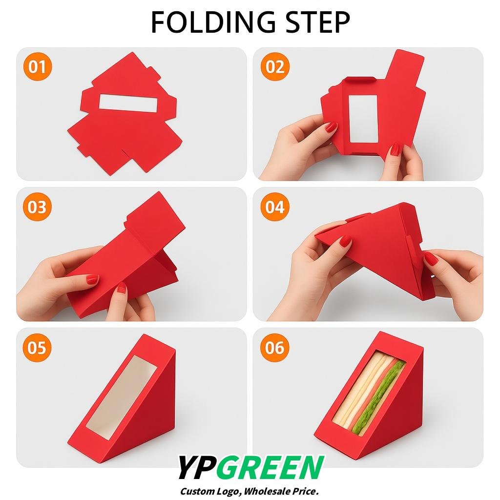 Red Triangle Paper Sandwich Boxes with Window 4.7x4.7x2.6 Inch - Factory Direct