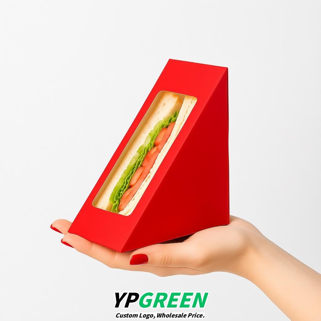 Red Triangle Paper Sandwich Boxes with Window 4.7x4.7x2.6 Inch - Factory Direct