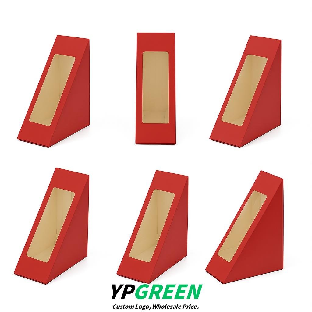 Red Triangle Paper Sandwich Boxes with Window 4.7x4.7x2.6 Inch - Factory Direct