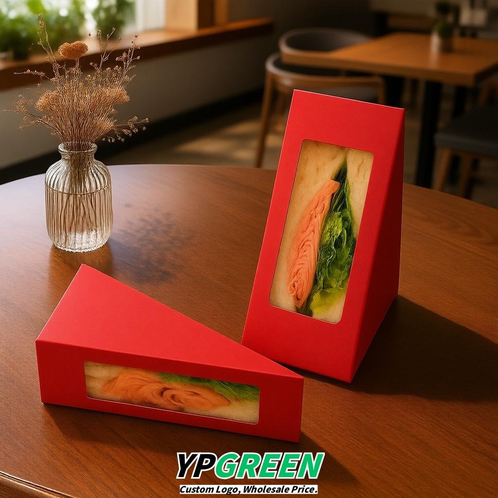 Red Triangle Paper Sandwich Boxes with Window 4.7x4.7x2.6 Inch - Factory Direct