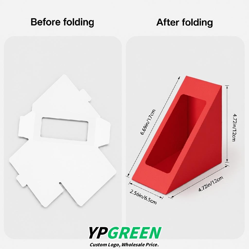 Red Triangle Paper Sandwich Boxes with Window 4.7x4.7x2.6 Inch - Factory Direct