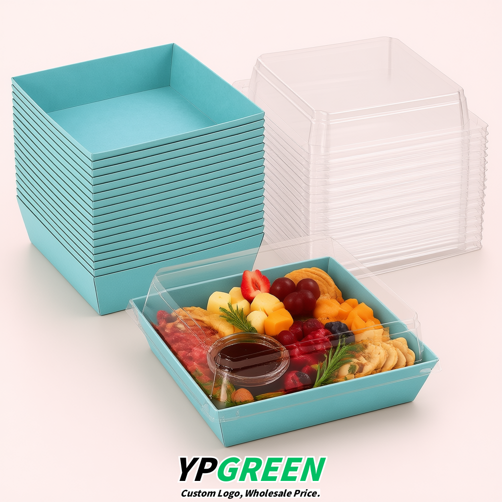 Robin Egg Blue Charcuterie Boxes with Clear Lids - 4 inches & 5 inches Disposable Paper Square Food Containers