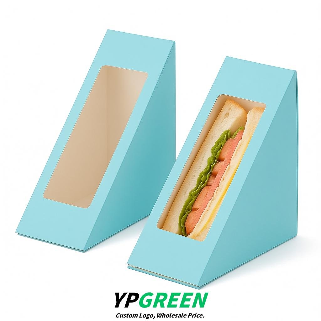 Robin Egg Blue Triangle Paper Sandwich Boxes with Window 4.7x4.7x2.6 Inch - Factory Direct