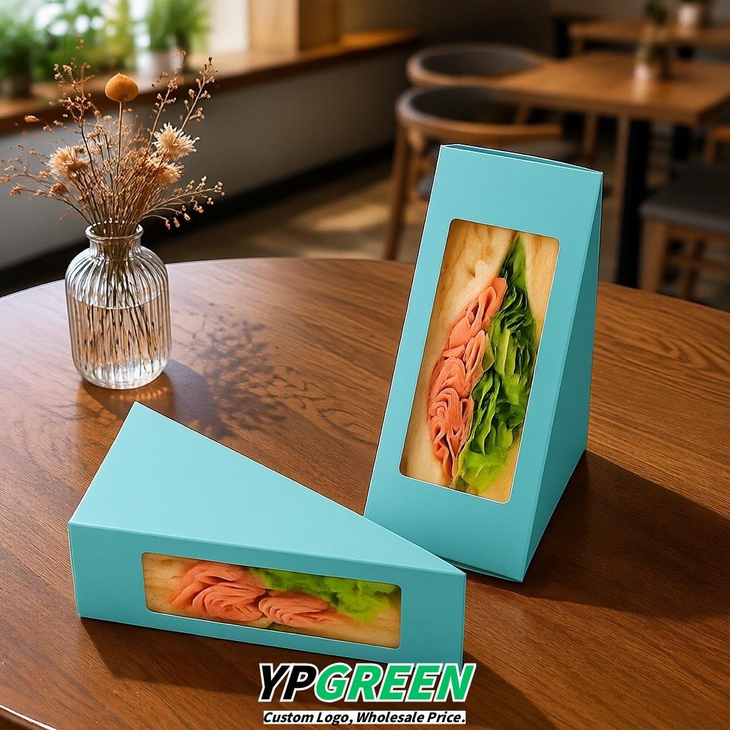 Robin Egg Blue Triangle Paper Sandwich Boxes with Window 4.7x4.7x2.6 Inch - Factory Direct