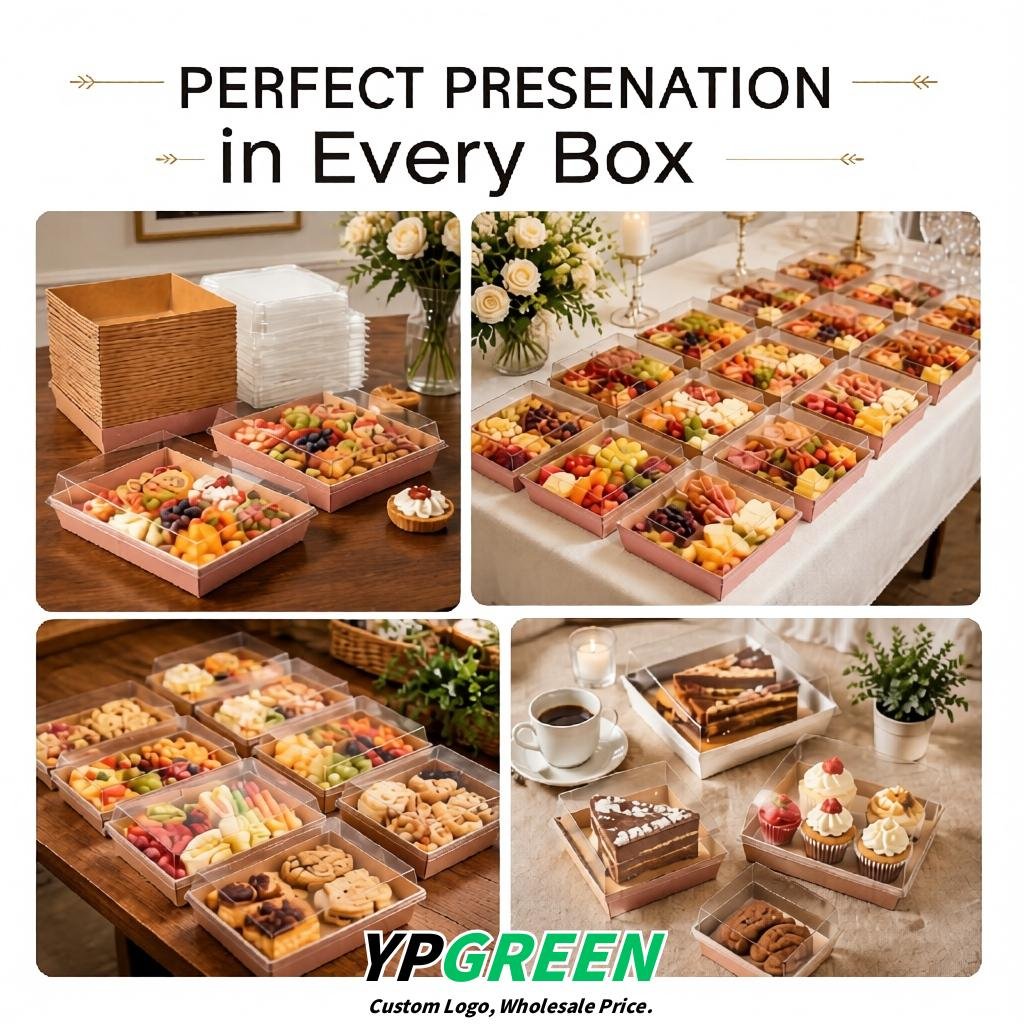 Rose Gold Charcuterie Boxes with Clear Lids - 4 inches & 5 inches Disposable Paper Square Food Containers