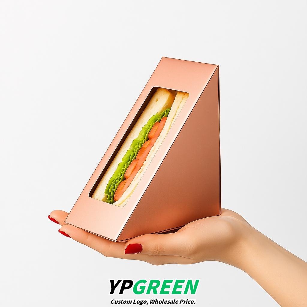 Rose Gold Triangle Paper Sandwich Boxes with Window 4.7x4.7x2.6 Inch - Factory Direct
