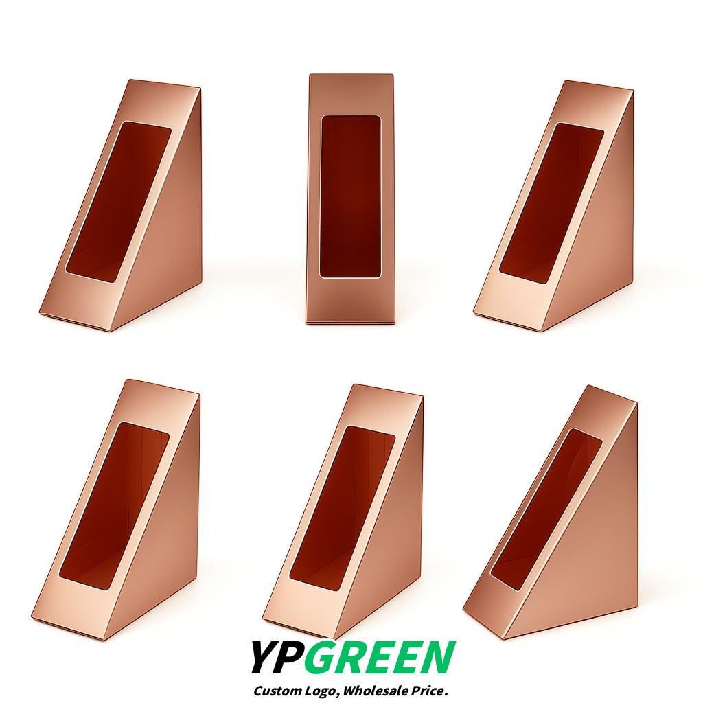 Rose Gold Triangle Paper Sandwich Boxes with Window 4.7x4.7x2.6 Inch - Factory Direct