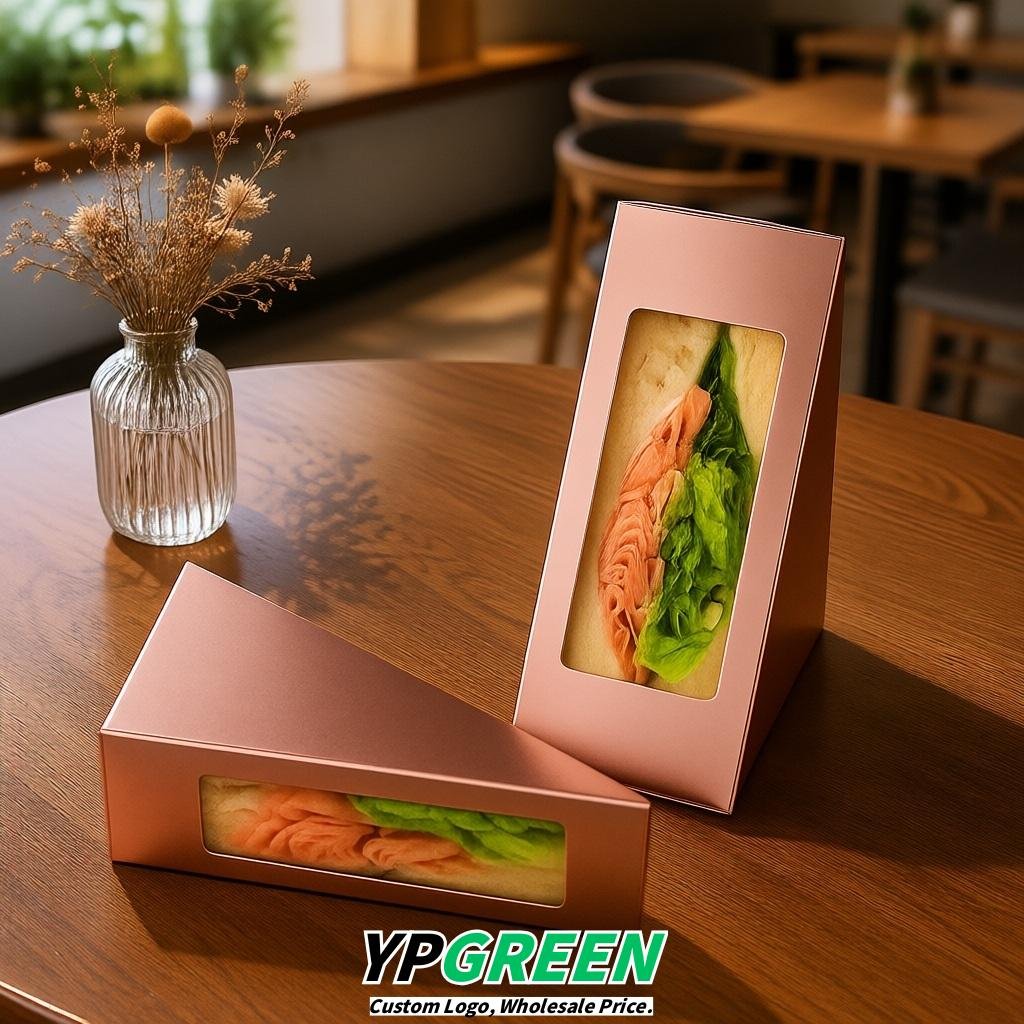 Rose Gold Triangle Paper Sandwich Boxes with Window 4.7x4.7x2.6 Inch - Factory Direct
